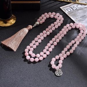 Necklaces 8mm Rose Quartz Beaded Knotted 108 Mala Necklace Meditation Yoga Prayer Jewelry Japamala Rosary for Women with Tree of Life