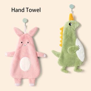 Cute Hanging Hand Towel for Bathroom Kitchen Cartoon Animal Coral Velvet Strong Absorbent Dishcloth Decorate Dual-use Embroidery