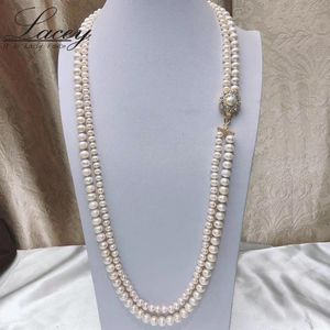 Necklaces Handmade Real Pearl Necklace For Women Two Rows Freshwater Pearl Long Necklace Flower Sweater Jewelry