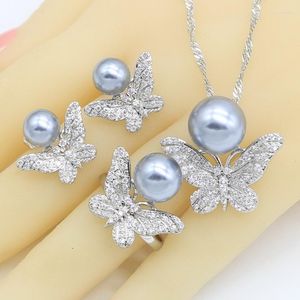 Necklace Earrings Set Silver Color For Women Gray White Blue Pearl Pendant Stud Rings Free Gift Box