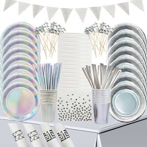 Disposable Dinnerware Silver Tableware Set Color Plates Cups Straw Tablecloths Adult Birthday Party Decorations Wedding Supplies Z0520