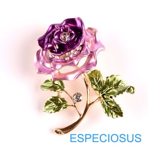 Eleganz Blumen Pin Strass Modeschmuck Lila Farbe bemalt Rose Brosche Gold Farbe Giraffe Brust Metall Pin Lady Kleidungsstück