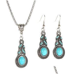 Brincos de pulseira Colar Jóias Retro Turquoise Conjuntos de Jóias para Mulheres Personalidade Bohemiana Blue Crystal Vintage Party Wedding Conjunto Dro Dhx76