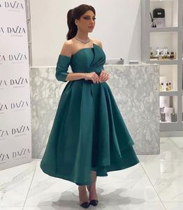 Simple Dark Green Satin A Line Evening Party Dresses Separate Sleeves Pleats Tea Length Saudi Arabic Formal Prom Gowns