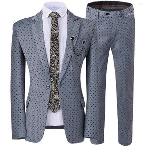 Mäns kostymer 2023 2 stycken herrbröllopsdräkt prickade tryckt smala passform med lapel tuxedos grå (blazer byxor)