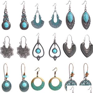 Dangle Chandelier Bohemian Style Retro Turquoise Jewelry Set Vintage Earrings Korean Veet Autumn And Winter Long Sweater Necklace Dhvb1