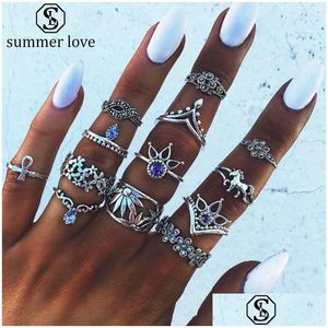 Bandringe Neue Ankunft 13 Teile/satz Crown Lotus Blume Waterdrop Kristall Ring Set Für Frauen Vintage Sier Gold Knuckle Modeschmuck D Dhohy