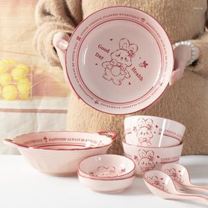Bowls Lucky Bowl Dish Set Cute Household Tableware Korean Ins Wind Net Red Ceramic Dishes Soup Chopsticks Sauce