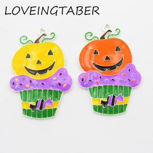 Necklaces ( Choose Color First ) 45mm*32mm 10pcs/lot Silvery Color Cupcake with Pumpkin All Enamel Pendant For Halloween Jewelry Making