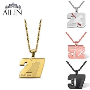 Necklaces AILIN Dropshipping Personalized Men Baseball Soccer Stainless Steel Necklace Name Pendants Number Jewelry Fathers Day 2022 Gift