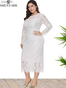 Casual Dresses Shestarr Plus Size Lace Dresses Elegant Solid Color O Neck Long Sleeve Fashion 2022 Curvy Mid-Length XL-6XL Form-passande klänning L230520