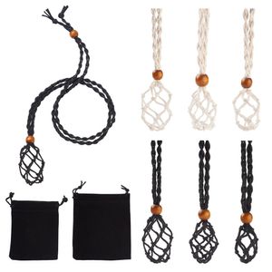 Components 6Pcs Adjustable Braided Waxed Cord Empty Stone Holder Wax Rope Quartz Crystal Net Bag with Macrame Pouch Pendant Necklace Making