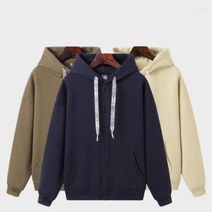 Herren Hoodies 2765 Frühling Herbst Männer Kapuzenpullover Paar gekämmte Baumwolle Casual Arbeitskleidung Einzigartiger Knopf Kordelzug Fleece Jugendpullover