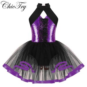 Dancewear Kids Girls Shiny Paillettes Balletto Tutu Dress Halter Neck Ginnastica Allenamento Body Modern Latin Jazz Performance di danza Costume 230520