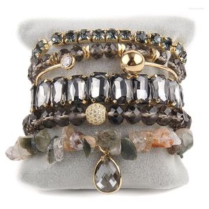 Strand RH Fashion Böhmen smycken Crystal Armband Stone/Crystal Pärled och Drop Charm 6pc Stack Stretch Armband Bangle Set for Women