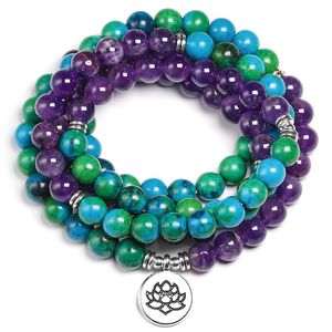 Bangle Natural Amethyst 8mm Stone Chrysocolla Beads Healing Bracelet 108 Mala Prayer Yoga Strand Bracelets Women Men Jewelry
