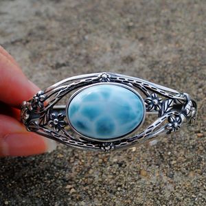 Bangle Beautiful Antique High Quality 925 Sterling Silver Natural Larimar Flower Leaf Silver Bangle for Women Gift