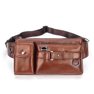 Midjeväskor guld korall äkta läderbälte väska män casual bröst resor axel crossbody manlig telefonpåse handväska