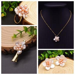 Sets GLSEEVO Pink Baroque Lots Of Pearls Flower Earring Ring Necklace Fashion Trend Fine Women Accessories Brand Jewelry Set Gift