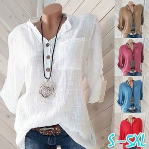 Womens Blouses Shirts Oversized Women Cotton Linen Blouse Autumn Casual Long Sleeve Button V Neck Loose Shirt Lady Tops 230519