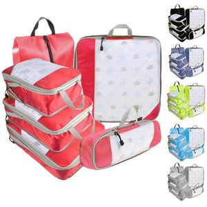 Aufbewahrungstaschen, 6-teiliges komprimiertes Reise-Organizer-Set, Schuhbeutel, Netzstoff, visuelles Gepäck, tragbare Verpackungswürfel, leichter Koffer