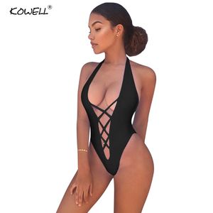 Womens Jumpsuits Rompers Kowell Summer Sexy Halter Cross Bandage Bodysuit Women VNeck Sleeveless Bodycon Jumpsuit Swimwear Culb Overalls 230520