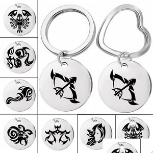 Keychains Lanyards 12pcs/set 12 Zodiac Signs Stainless Steel Creative Dog Tag Couple Keyfob Keyfob Jewelry D DHyr0
