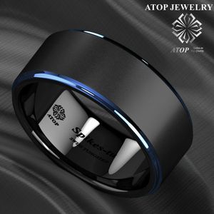 Rings 8mm Tungsten Carbide Ring Black Brushed Blue Stripe Men's Wedding Band Jewelry Free Shipping