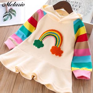 Girl's Dresses Melario Girls Dress Autumn Long Sleeve Rainbow Striped Princess Dresses for Girl Kids Dress Casual Children Clothing 230520