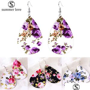 Stud Trendy Printing Floral Pu Leather Teardrop Dangle Earring 6 Color Boho Style Womens Fashion Jewelry Gift Drop Leverans örhängen DHKD8