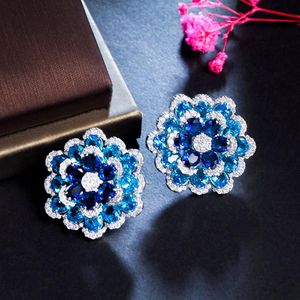 Knot cwwzircons art deco multipla blommande blomma blå kubik zirkon stora fancy geometriska örhängen för kvinnor fin smycken gåva cz287