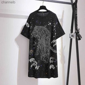 Casual klänningar 150 kg plus size kvinnors sommarstjärniga sky koreansk t-shirt klänning byst 157 cm 6xl 7xl 8xl 9xl 10xl lös tung kortärmad klänning L230520