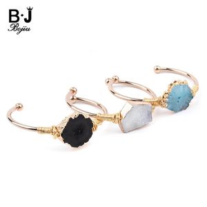 Bileklik Bojiu Doğal Druzy Stone Goldcolor Manşet Bangles Kadınlar için Düzensiz Güneş Sun Çiçek Drusy Quartz Armlet Bileklik Takı Br037