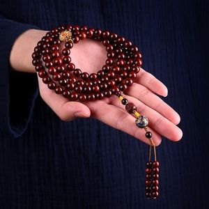 Bracelets Chinese style small leaf red sandalwood 108 Buddhist beads hand string lacquer wood bracelet necklace rosary beads men women