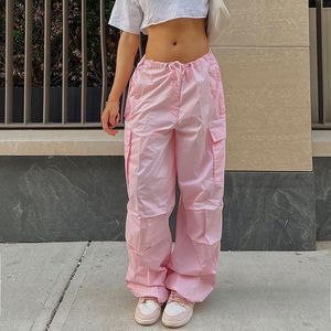 Pantaloni da donna a due pezzi Pantaloni larghi con coulisse solidi Vita bassa Pantaloni streetwear Pantaloni larghi a gamba larga Pantaloni sportivi Hippie Rosa Cargo Y2K Abbigliamento 230519