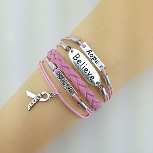 Bracelets Free shipping! Breast cancer awareness Hope Believe Faith pink leather multi woven Bracelet wholesale