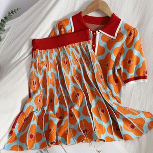 Two Piece Dress Summer Runway Knit Skirt Suit Women Short Sleeve Flower Sweater TopMini Pleated Set Girls Student 2pcs 230519