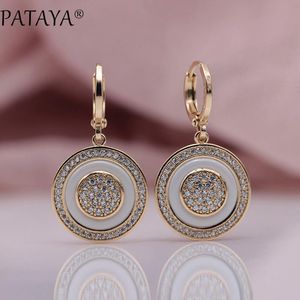 Knot Pataya Ny True White Gold Round Natural Zircon Black Ceramic Long Dangle Earrings 585 Rose Gold Color Women Wedding Jewelry