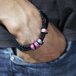 Bangle Família personalizada Nomes de múltiplas camadas Pulseira de cadeia trançada Contas de aço inoxidável Bracelets de couro para homens