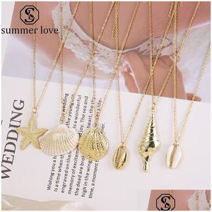 Pendant Necklaces Summer Beach Starfish Conch Stainless Steel Chain Necklace For Women Gold Alloy Cowrie Shell Fashion Jewelry Drop Dh2Jj