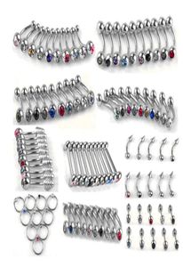 100st Set Punk Stainless Steel Crystal Tongue Belly Lip Eyebrow Nose Barbell Rings Body Piercing Smycken 10 Styles Accessories6829057