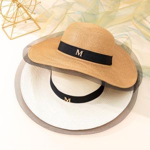 Wide Brim Hats Large Flat Top Sun Fashion Summer Panama Straw For Women Bright Diamond Letter M Holiday Beach Visor Cap