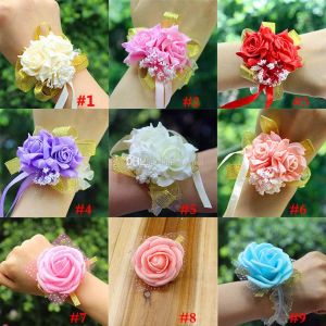 New Artificial Flowers Wedding Decorations Bridal Hand Flower Bridesmaids sisters wrist Corsage Foam Rose Simulation Fake Flowers