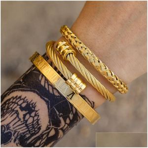 Braccialetti con ciondoli 3 pezzi / set numeri romani gioielli in acciaio inossidabile da uomo con fibbia in corda braccialetti aperti bracciale Pseira Bileklik in oro Hip Hop D Dhfw5