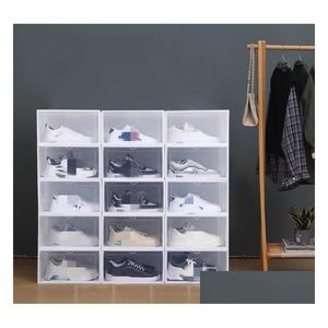 Förvaringslådor fack 45st Clear Mticolor Shoe Box Foldbar Plastic Transparent Home Organizer stapelbar Display Superimponerad Combin Dh9vo