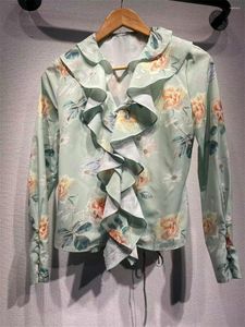 Kadın bluzları Kadın katmanı fırfırlı trim v yaka gömlek 2023 yaz bayanlar uzun kollu çiçek baskısı dantel yukarı bel taze