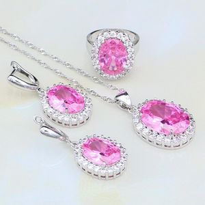 Set di gioielli in argento 925 adorabili set di gioielli con strass rosa bianco zirconi per le donne orecchini / pendente / collana / anello da sposa