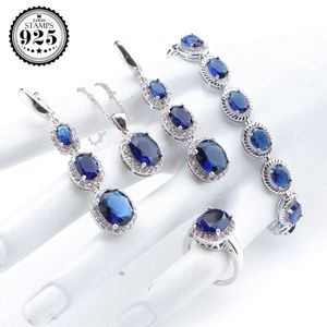 Sets Bridal Jewelry Sets Sier for Wedding Women Blue Zircon Rings Necklace Pendan Stones Bracelets Earrings Set