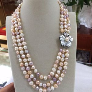 Necklaces NEW 3row 89mm Baroque White Pink Purple multicolor Freshwater Pearl Necklace 1719"inches shell flowers clasp