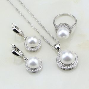 Set di gioielli in argento 925 rotondi con perle bianche Set di gioielli con zirconi cubici orecchini/anello/pendente/collana a catena regalo per le donne